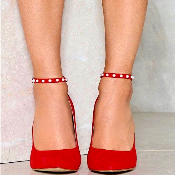 Nasty Gal Truffle Collection Red Pointed Toe Heels w/ Pearl Studded Ankle Straps - Picture 8 of 16